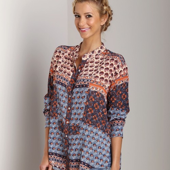 Free People Caravan Top Blue Multi Patchwork Lightweight Blouse Size S - Picture 4 of 5